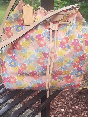 Coach Multicolor Floral Drawstring Hobo with Pink Trim